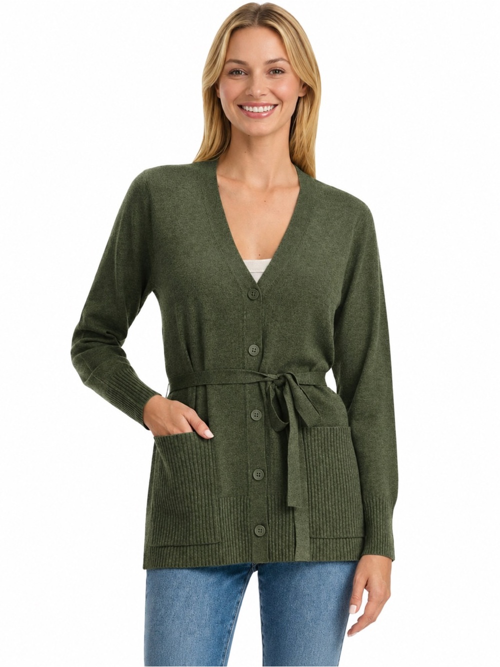 Splendid Olive Green V-Neck Button Cardigan with Tie Belt